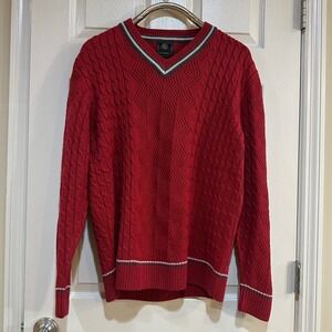 FX Fusion Mens Red Cable Knit V-Neck Sweater Striped Trim Preppy Pullover Large